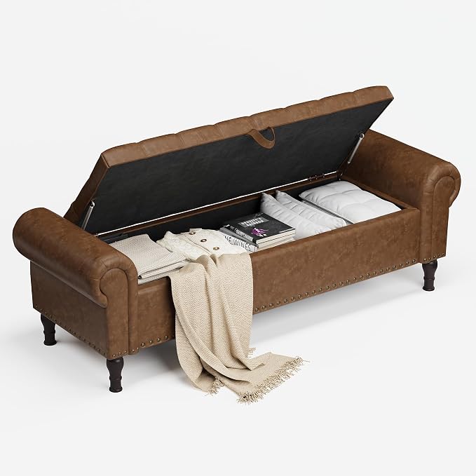 YOUDENOVA 60" Entryway Bench with Storage, PU Leather End of Bed Bench with Tufted Button, Upholstered Ottoman Bench with Rolled Arms for Living Room, Storage Room, Bedroom, Brown