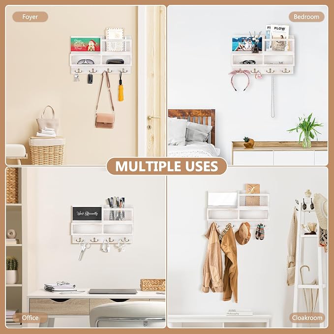 Key Holder Wall Mount, Wooden Mail and Key Organizer, White | Rustic Farmhouse Style, 4 Double Hooks, Includes 2 Storage Box, Small Shelf, Mail Slot, for Entryway, Doorway, Hallway, RV