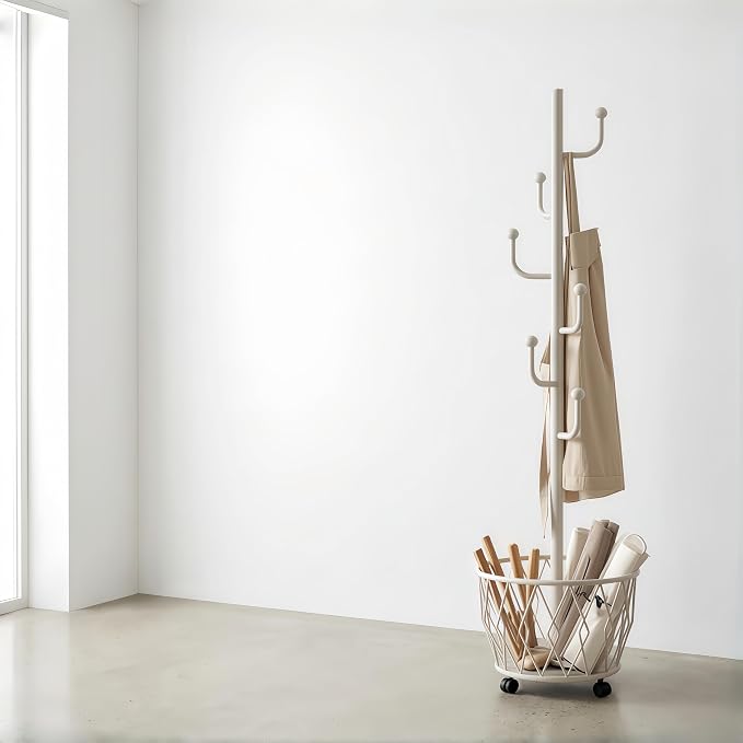 Off-White Moveable Cactus Metal Coat Rack with Basket Freestanding | Modern Organizer for Scarf Jacket Hat Bags Ideal for Home Entryway Bedroom Corner Stable