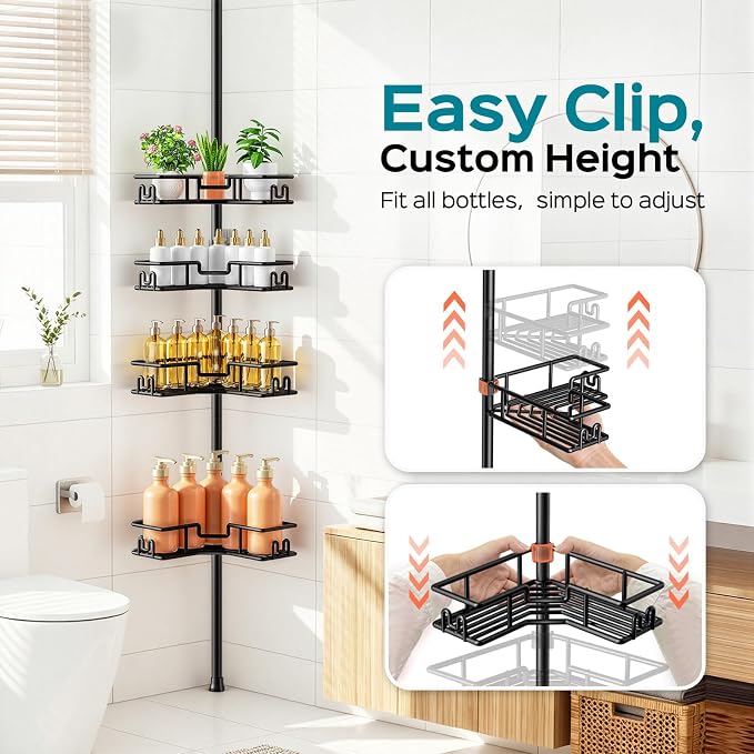 HAMITOR Shower Caddy Tension Pole: 4-Tier Adjustable Corner Organizer Black | Heavy Duty Rustproof L-Shaped Shelves- No Drilling Space-Saving Storage Rack for Family & Renters- 47.72-123.6 inch