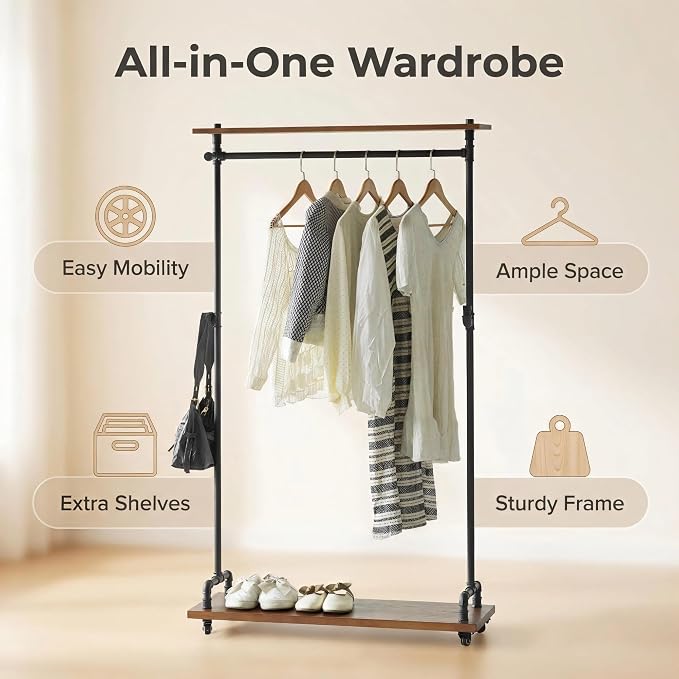 Industrial Pipe Clothing Rack, Wood Clothes Rack, Rolling Garment Rack | Iron Clothing Hanging Rod with Shelves, Wheels and Hangers, Heavy Duty, Steampunk, Retail, Bed Room, Entry, Laundry Room