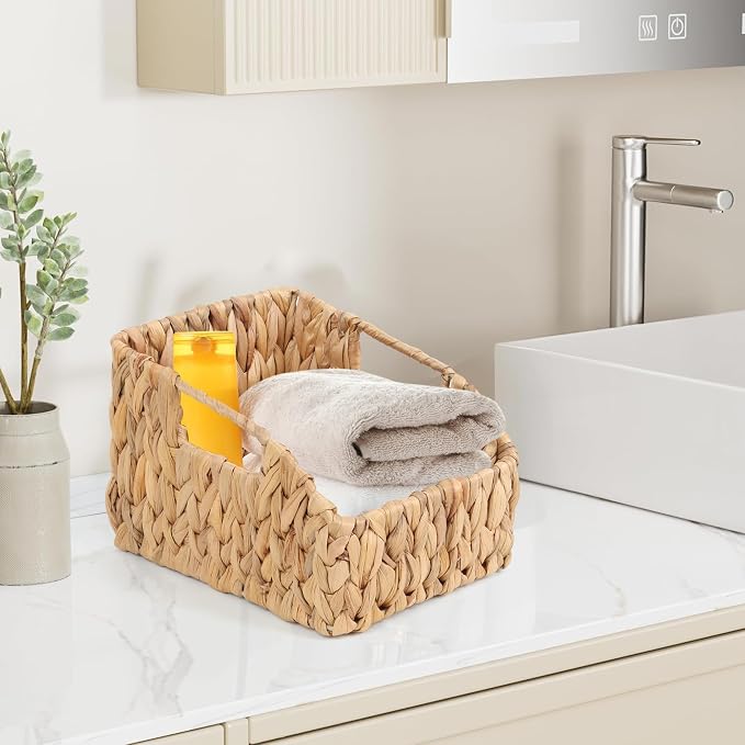 FEILANDUO Wicker Basket with Handles, Handwoven Storage Basket for Pantry, Trapezoid Decorative Baskets for Shelves Home Organizer (Natural(Water Hyacinth), 9.05"L x 11"W x 7.08"H)