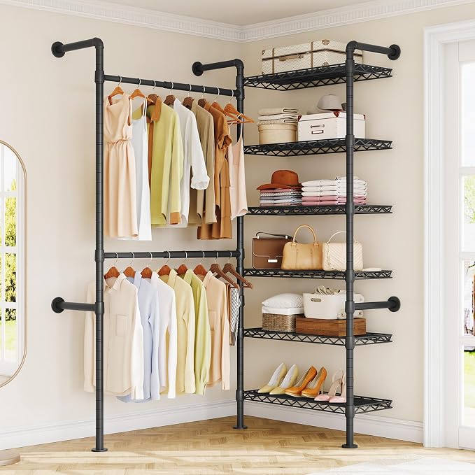 H2 Wall Mounted Clothing Rack, Expandable Industrial Pipe Clothes Rack Garment Racks for Hanging Clothes, Heavy Duty Closet Organizers and Storage in Closet System, Black
