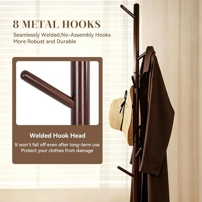 Coat Rack Freestanding- Solid Wood New Zealand Pine Hall Tree with 8 Hooks & 3 Adjustable Levels, Corner Wooden Coat Hanger for Entryway, Hallway and Small Space (Hats, Purses, Bags)