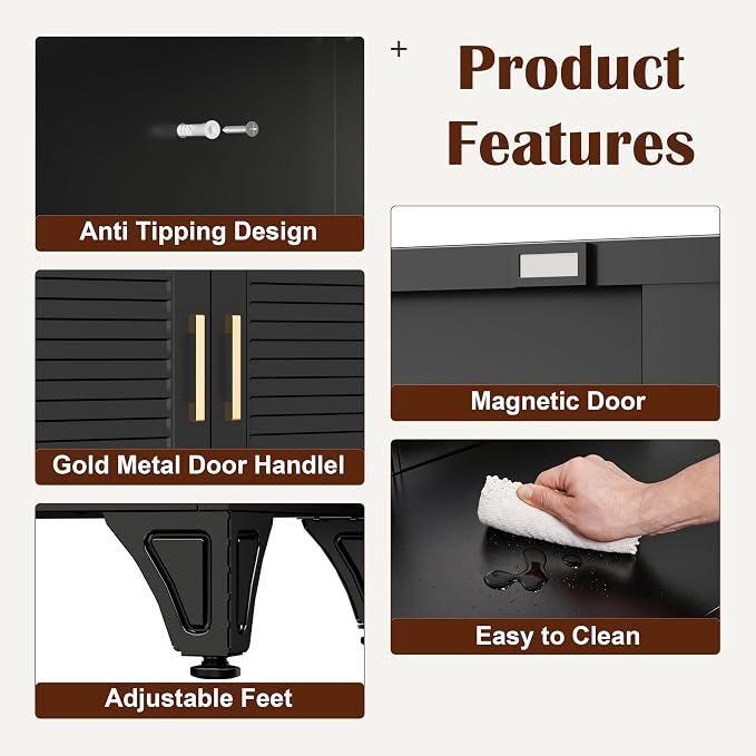 SteeLoong 75" Metal Storage Cabinet with Doors and 5 Adjustable Shelves | Kitchen Pantry Cabinet,Black Tall Freestanding Cupboard with Gold Handle,Steel Garage Cabinets for Tool,Office,Kitchen,School