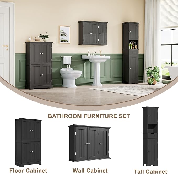 ChooChoo Laundry Cabinet with 3 Doors and Adjustable Shelves | 9.06"D x 31.1"W x 24"H, Bathroom Wall Cabinet, Cupboard, Black