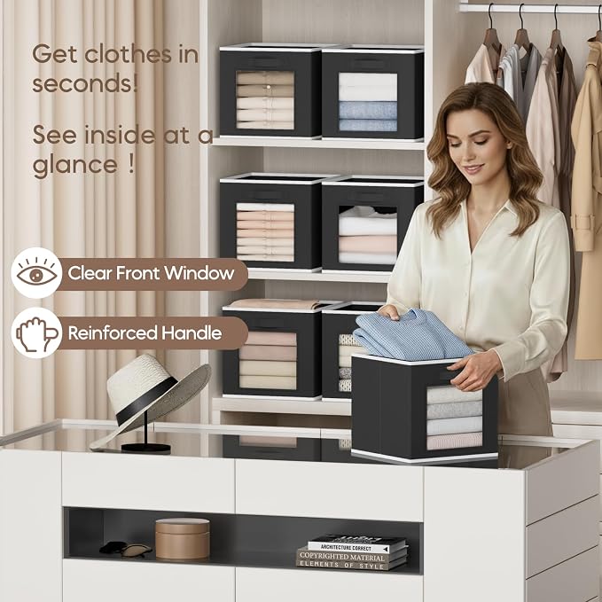 Foldable Storage Cubes - Cubby Storage Organizer with Window, Decorative Baskets for Organizing, Fabric Bins for Clothes Storage, Closet Storage Cubes-11inch, 8 Pack, Black