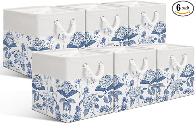 LemonRoad 6 Pcs Blue Hydrangea Cube Storage Bins 11.22 Inch Square Storage Basket with Handle, Preppy Girls Organizer Basket, Collapsible Fabric Box for Classroom Bedrooms Office Home Decoration Gift