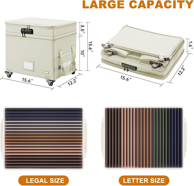 DocSafe Fireproof Document Box with Lock,2-Layer File Box with Wheels,Collapsible File Storage Organizer with Pockets,Large Portable Office Filing Cabinet for Hanging Folders,Beige,16''x13.8''x12.2''