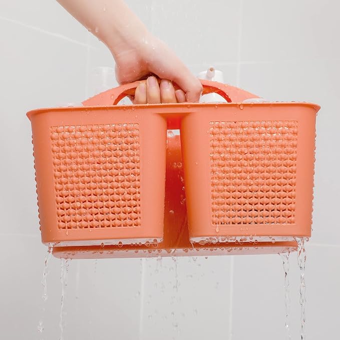 Plastic Portable Shower Caddy Basket with Handle, 3 Compartments, Orange | Storage Organizer with Drain Holes, Sturdy and Durable For Bathroom, Kitchen, College Dorm, Sink, Camping