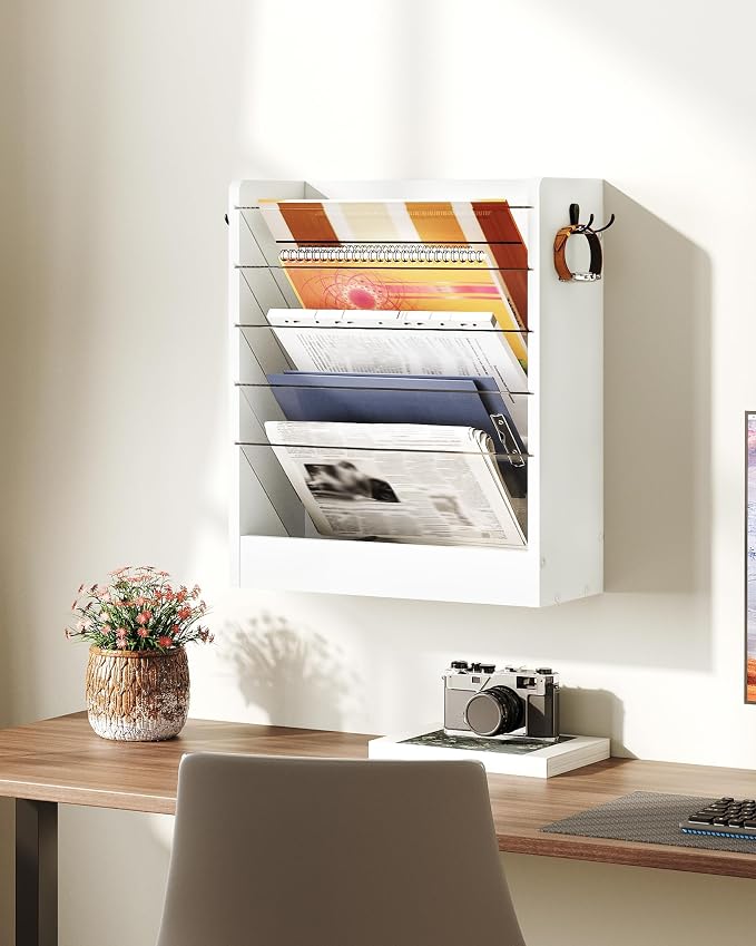 CHOEZON Wall File Holder, 6-Tier File Organizer, Office Supplies Storage Rack, Versatile Desktop Organizer, with Detachable Shelves, with Side Hooks, for Living Room, Study, Home Office, White MWJ02WB