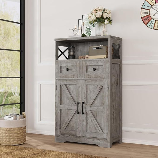 Farmhouse Storage Cabinet with Drawers, Small Kitchen Pantry Cabinet, Gray | Accent Coffee Bar Cabinet Cupboard, 2 Drawers, 2 Barn Doors & Adjustable Shelves, for Kitchen/Entryway/Living Room/Bathroom
