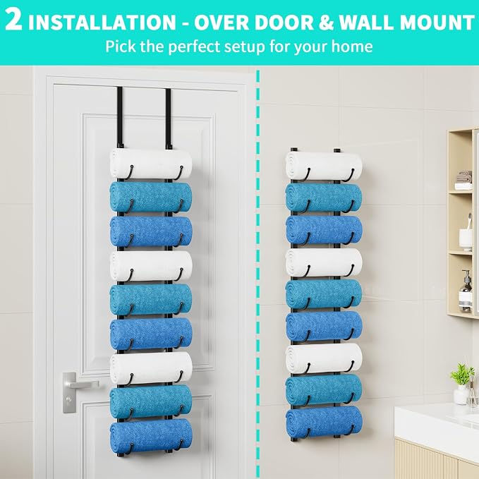 HapiRm Rolled Towel Racks for Bathroom - 9-Tier Over The Door & Wall Mounted Bathroom Towel Storage, Hanging Metal Organizer for Towels & Bath Sheets, Space Saving Rack for Bathroom, Camper, RV, Black