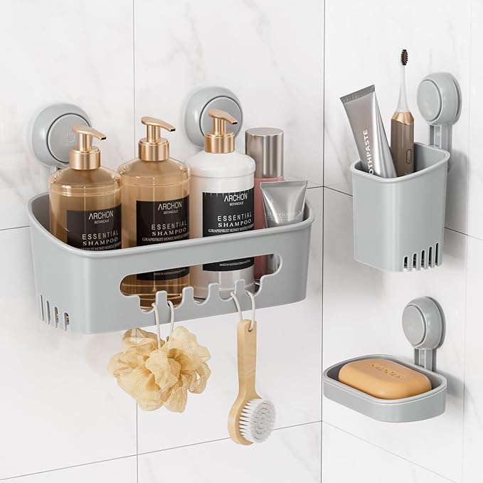 LEVERLOC Shower Caddy Suction Cup Set Shower Organizer & Soap Holder, Grey | Toothbrush Holder, Bathroom Shelf Basket NO-Drilling, Removable Suction Storage, Waterproof Bathroom Caddy