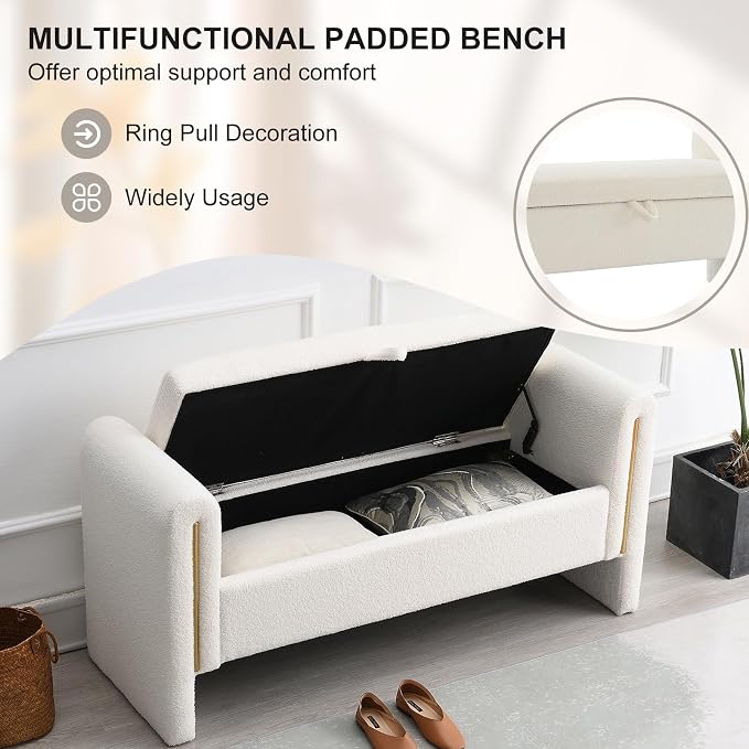 NIOIIKIT 52" Storage Ottoman Bench, Teddy Upholstered Storage Bench with Armrest, Entryway Bench with Pull-Ring, End of Bed Bench with Padded Cushion, Window Bench for Living Room (White)