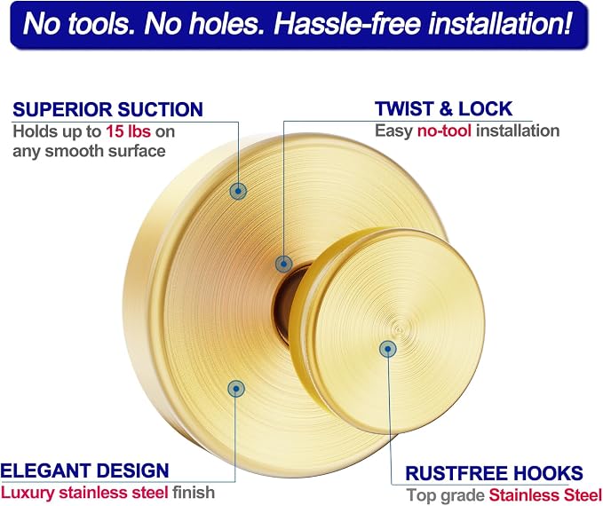 Bntuk Suction Cup Hooks for Shower, Towel Hooks for Bathroom Window Glass, Bath Robe Looafh Hook for Hanging - 2 Pack, Gold