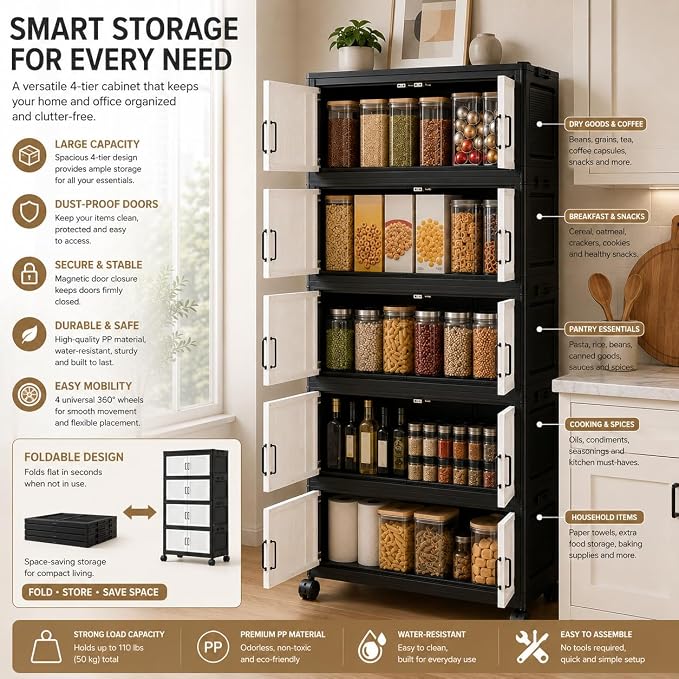 5 Tier Foldable Storage Cabinet with Top Lid, Tall Mobile PP Storage Organizer with Magnetic Doors and Wheels, Space-Saving Collapsible Organizer for Bedroom Living Room Kitchen Pantry Bathroom
