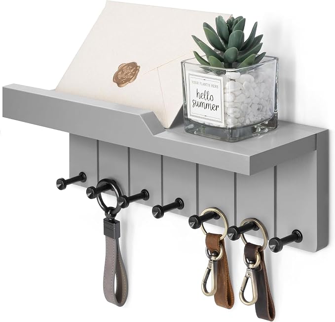 Rebee Vision Key Holder Wall Mount with 7 Hooks for Room Decor, Light Gray | Key and Mail Holder for Wall, Shelf, Plant Display, Mail Sorter, Aesthetic Home Decor, Apartment Essentials, Stylish Storage