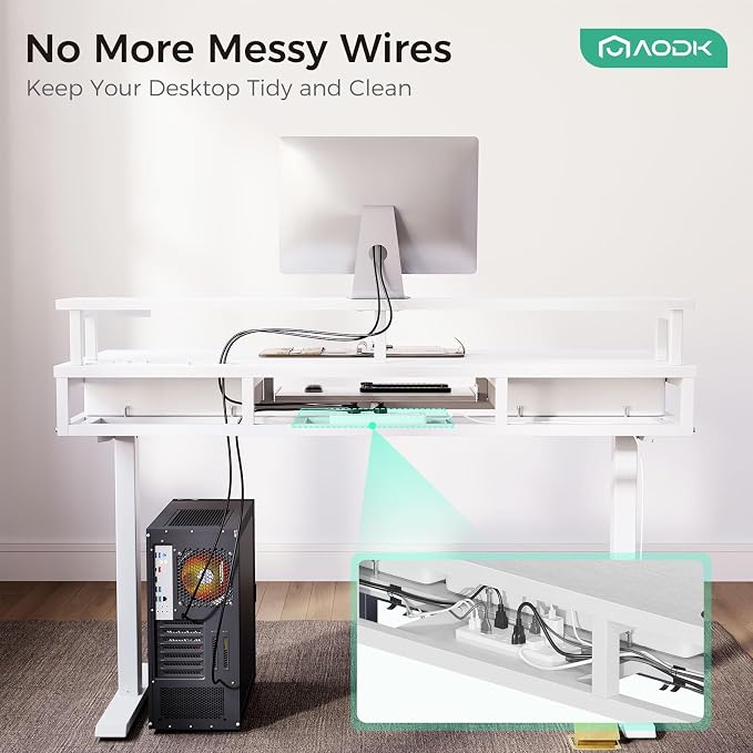 AODK 55 Inch Electric Standing Desk with Drawers & Keyboard Tray, White | 3 Outlets & 2 USB Ports, LED Lights, Monitor Stand, Cable Management Tray, 3 Memory Heights, 29.9"-46.1" in Range