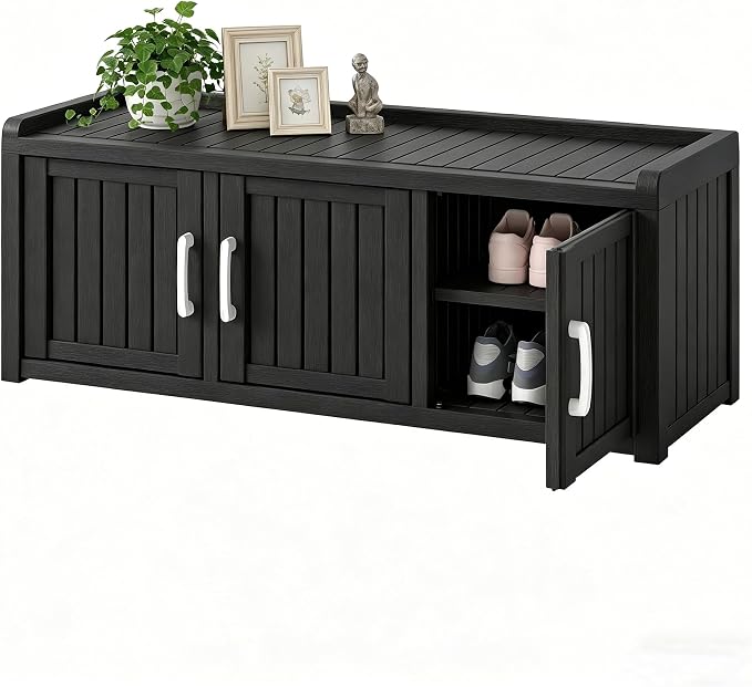 2-Tier Storage Bench, Waterproof UV-Resistant Outdoor Shoe Storage Cabinet with 3 Doors & Adjustable Shelves for Indoor Outdoor Entryway, Hallway, Living Room (Classic Black)