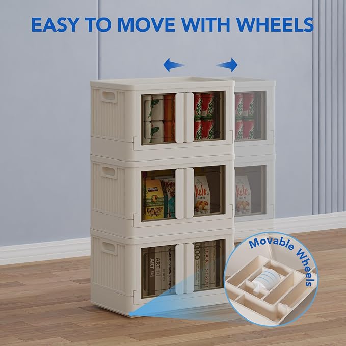 FLEXIMOUNTS 75 QT Stackable Plastic Storage Bins With Lids, Milky White | Collapsible Foldable Storage Bins with Front Doors and Built-in Wheels, Organizers and Storage for Home, Dorm, 2 Pack Cubes