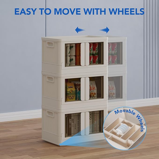 FLEXIMOUNTS 110 QT Stackable Plastic Storage Bins With Lids, Milky White | Collapsible Foldable Storage Bins with Front Doors and Built-in Wheels, Organizers and Storage for Home, Dorm, 3 Pack Cubes
