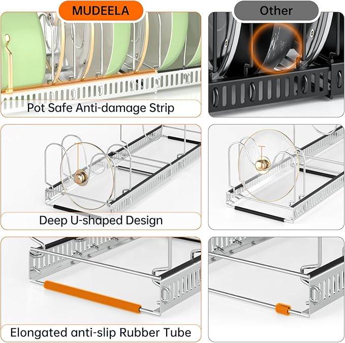 MUDEELA Expandable Pot Pan Lid Organizers inside Cabinet, 10 Divider-Silver | Expandable 11.8–22.9", 10 Adjustable Divider, Tool-Free Assembly, Non-Slip, Scratch-Proof, For Pan Lid Cutting Board Bakeware