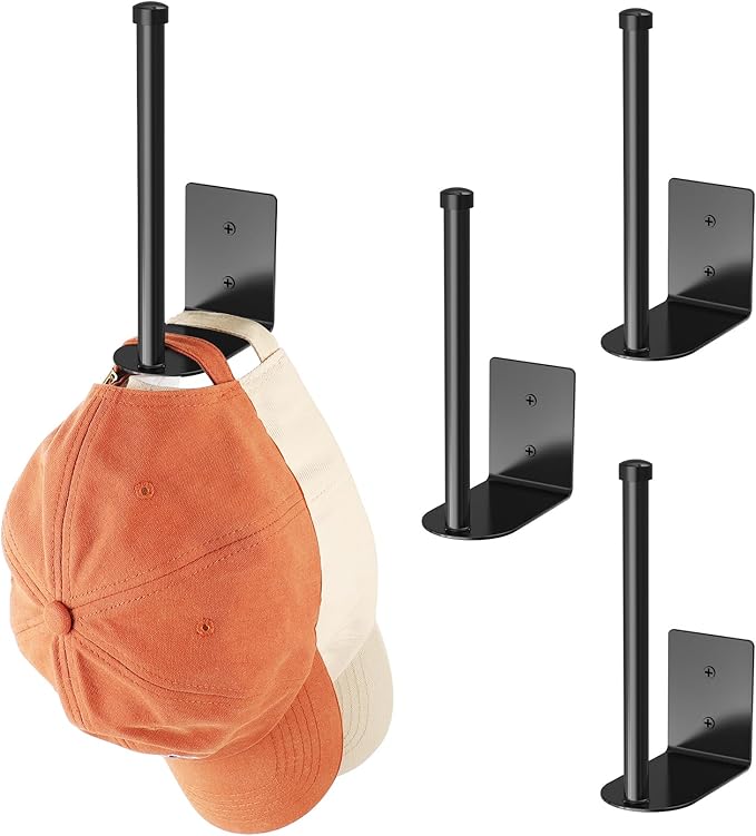 Durmmur Stainless Steel Hat Organizer, Hat Rack for Wall,Each Holds 15 Hats | 4P Strong Adhesive/Wall Drilled Hat Holder, Hat Hooks, Hat Hanger Baseball Cap Organizer for Door,Bedroom,Closet(Black 6 in)
