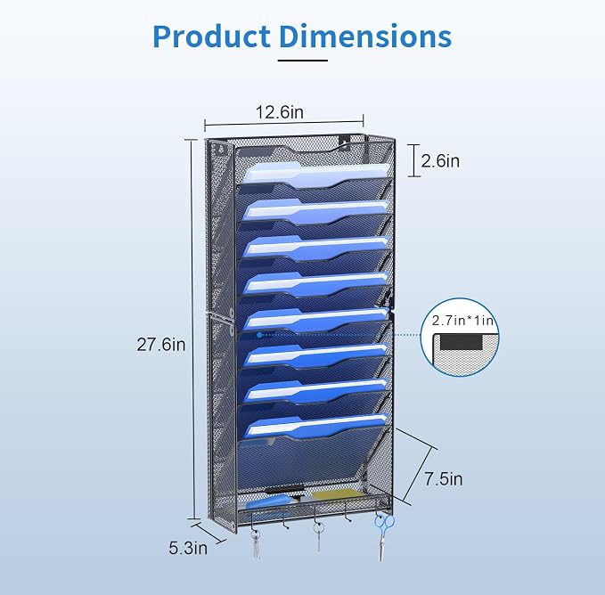 OUTWOLF 10 Tier Hanging Wall File Organizer Wall Mount Paper Document Folder Holder with Hooks for Home Office Organization