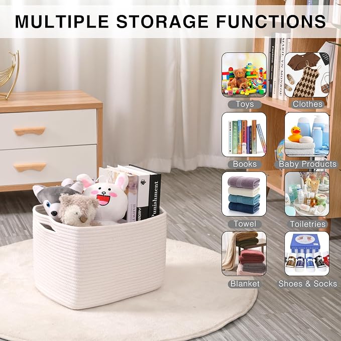 ICERZCZ Storage Baskets for Organizing Shelves, Woven Cotton Rope Bins for Baby Nursery Organization, Book Toy Towel Organizer, 15"x11"x9.5", 3 Packs, Off White