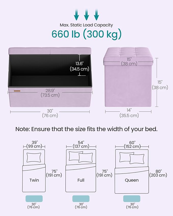 SONGMICS Velvet Storage Ottoman, Folding Storage Bench for Bedroom, Toy Chest, Ottoman Coffee Table, 15 x 29.9 x 15 Inch, Hibiscus Purple, Entryway Shoe Bench, Island Collection ULSF048PE01