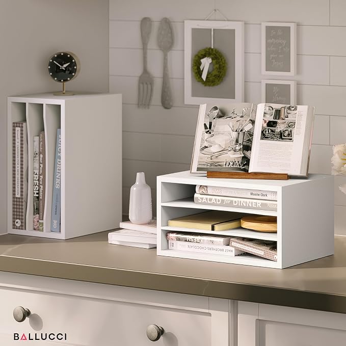 Ballucci Paper Organizer, 3-Tier Stackable Wood Desk Organizer, Document File Organizer and Mail Sorter with Adjustable Storage Shelves, White