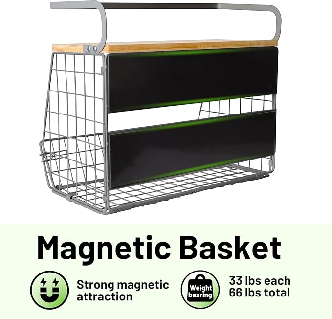 Magnetic Fridge Shelf with Wood Lid, Fruit Potato Onion Storage Bins, Pantry Organizers, Large Container Spice Rack for Refrigerator, Kitchen Counter, Cabinet (1, Silver)