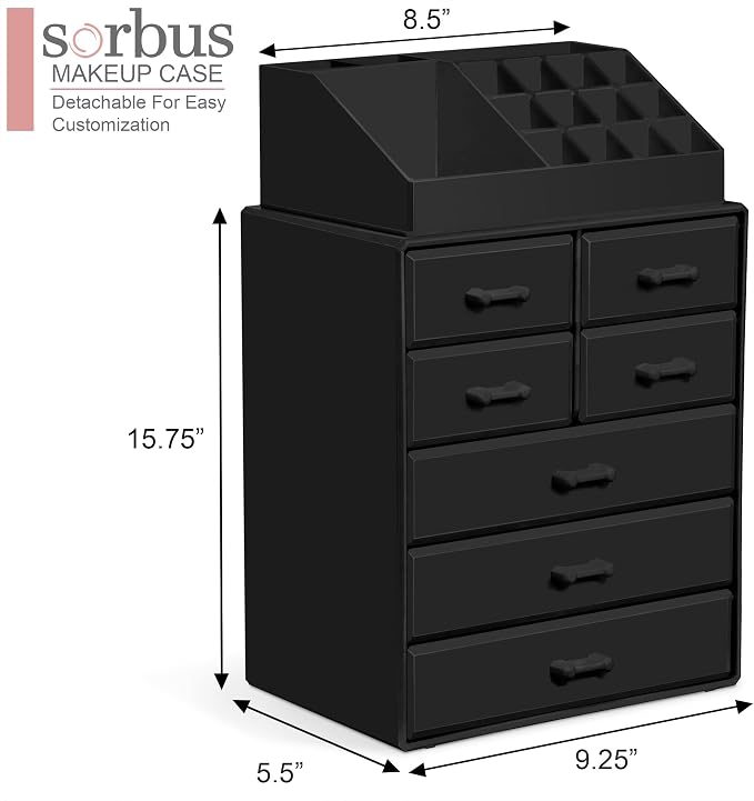Sorbus Makeup Organizer, Brush Holder and Make Up Storage Drawers - Acrylic Makeup organizer for vanity, Bathroom - Cosmetic Display Cases with 3 large, 4 Small Drawers & 1 Tray for Makeup Brush