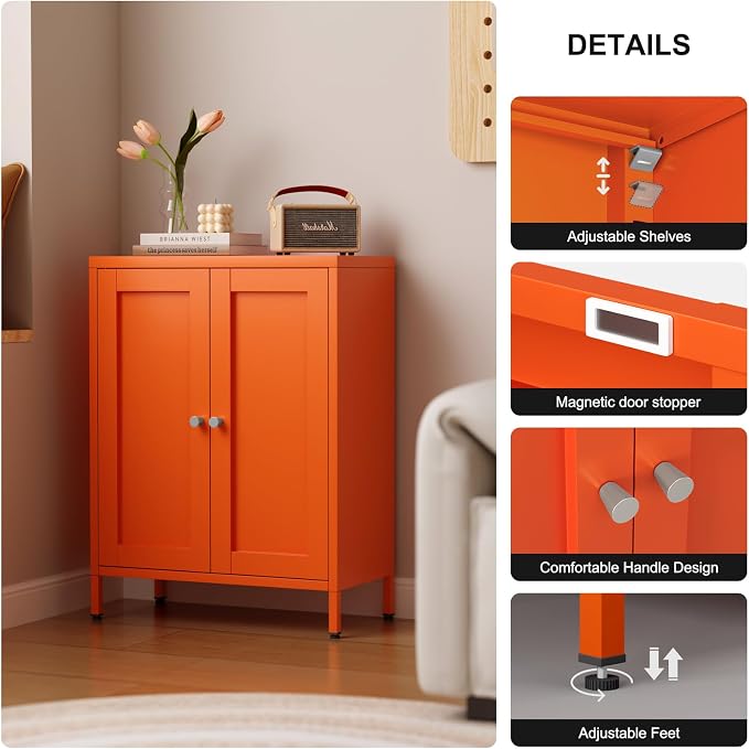 Bevivog Orange Metal Locker Cabinet with 2 Doors and 2 Adjustable Shelves, Small Accent Cabinet Bathroom Floor Storage Cabinets Short Sideboard for Entryway, Living Room, Hallway