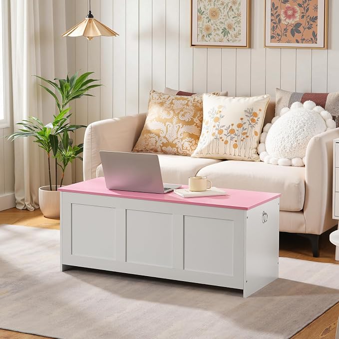 HOOBRO Storage Bench, 39.3" Retro Wooden Storage Chest, Wooden Storage Trunk, Toy Chest with Lift Top, Multifunctional Entryway Organizer, for Entryway, Living Room, White and Pink WK141CW01