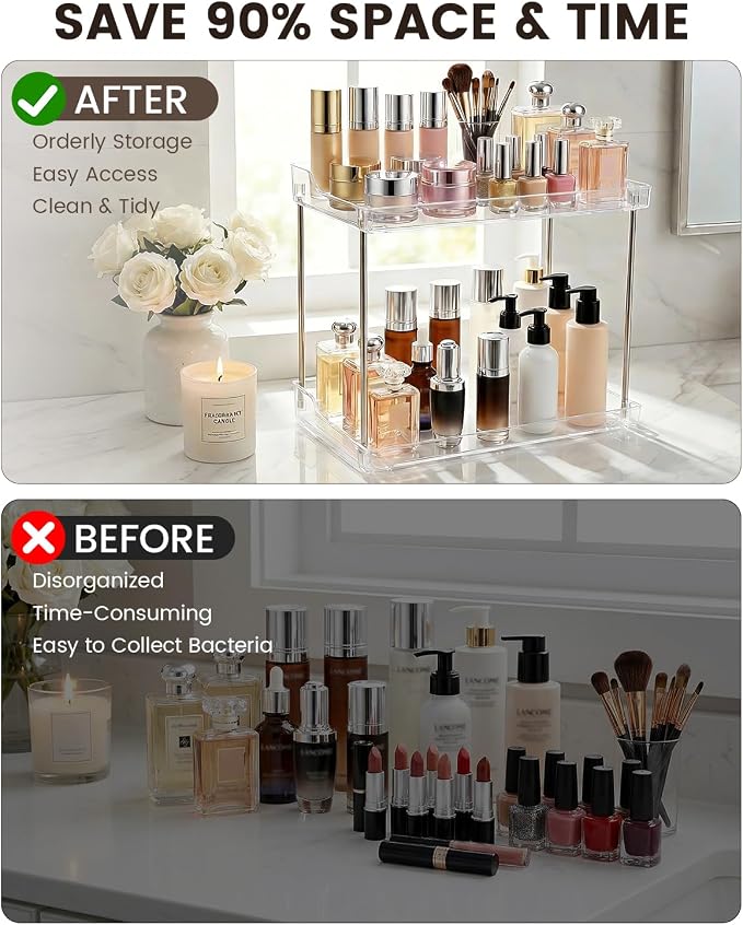 2 Tier Bathroom Counter Organizer, Clear Vanity Shelf Organizer for Skincare & Perfume, Non-Slip Bathroom Counter Shelf for Small Spaces, Bathroom Vanity Organizer Countertop (Rectangular)
