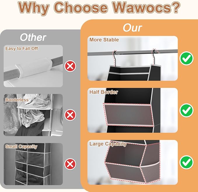 Hanging Closet Organizer 3 Shelf Collapsible Bedroom Closet Organizers and Storage Hanging with Mesh Pocket for Clothes, Closet Hanging Organizers and Storage for Fabric Wardrobe Space Saver, Black
