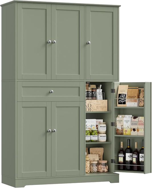 HOSTACK 68" Tall Kitchen Pantry Storage Cabinet with Doors & Shelves, Green | Large Pantry Cabinet with Door Rack, Freestanding Kitchen Storage Cabinet with Drawer, Food Pantry for Dining Living room