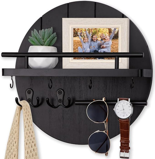 Nekon Rustic Key & Mail Organizer, Circular Wooden Key Hanger with 6 Hooks & Shelf - Wall Mount Entryway Hallway Kitchen (Black)