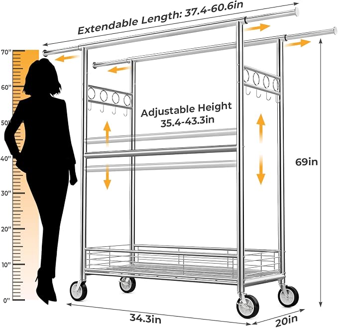 Heavy Duty Clothes Rack Load 960LBS, Three Rods Rolling Clothing Racks for Hanging Clothes, Rolling Garment Rack With Sturdy Wheels Shelves Hooks, Portable & Adjustable Commercial Garment Rack, Silver