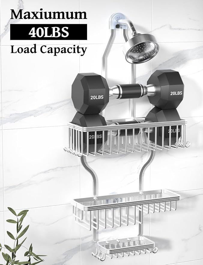 YASONIC Never Rust Shower Caddy Hanging, Aluminum Shower Racks for Inside Shower, 3-Tier Shower Organizer Hanging Over Shower Head with Hooks and Soap Holder, Silver