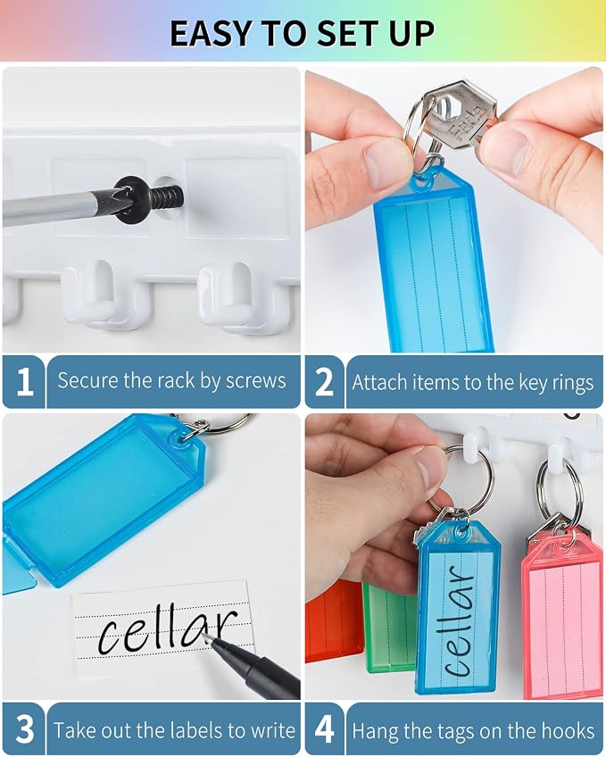 Uniclife Key Tag Rack, Hook Style Wall Mount Key Holder | Plastic Hook-Style Wall Rack Keeps Labeled Keys Organized with Transparent Tough Key Tag Identifiers in 8 Assorted Colors.