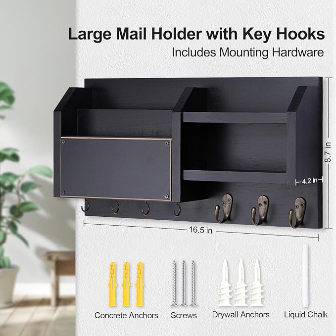 Lwenki Mail and Key Holder – Wall Mount Key Hanger with Shelf and 7 Metal Hooks – Decorative Natural Paulownia Wood Entryway Organizer with Mounting Hardware (16.5”W x 8.7”H x 3.5”D) (Black)