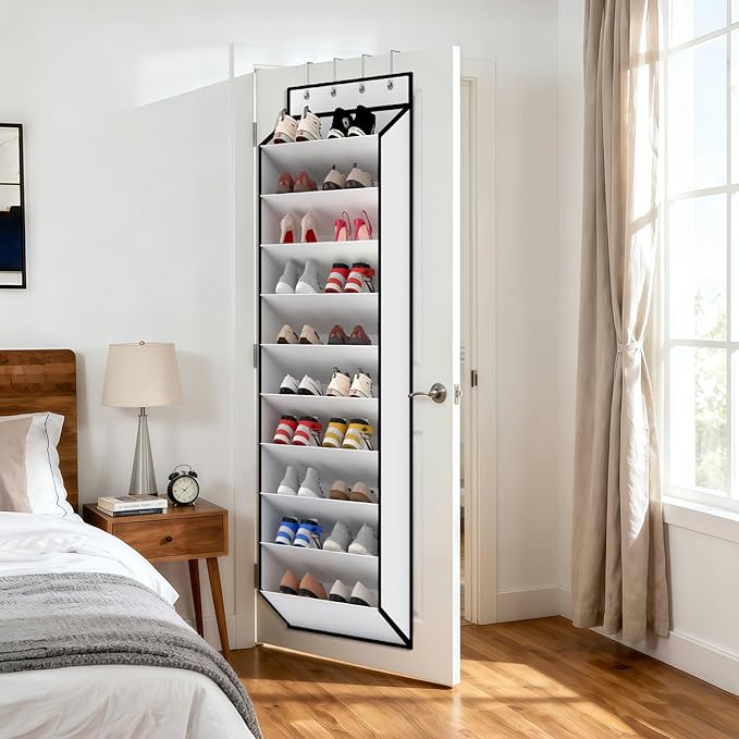 KEEPJOY 10 Tiers White Over Door Shoe Organizer Storage, Hanging Shoe Holder for Door with Large Deep Pockets, Fit 20-30 Pairs Shoe Rack for Sneakers, Boots (White)