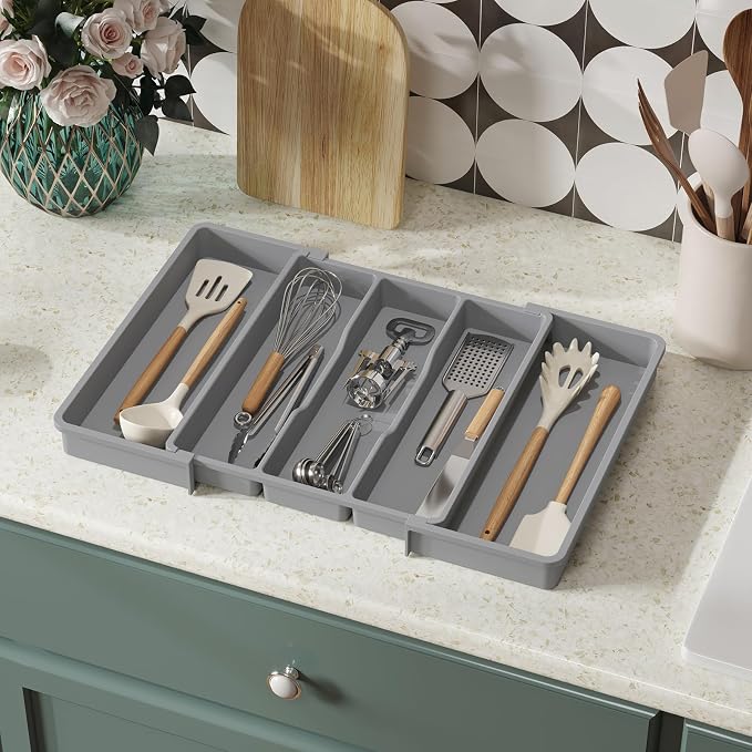 Lifewit Utensil Organizer for Kitchen Drawers, Expandable Cooking Utensil Tray, Adjustable Cutlery Silverware Flatware Holder, Plastic Spatula Tools Storage Divider, 13-22 x 15", Gray