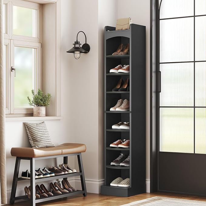 9-Tier Tall Shoe Rack, Wooden Shoe Storage Organizer, Narrow Shoe Cabinet with Removable Shelves for Small Spaces, Holds 9 Pairs of Shoes, for Entrance, Hallway, Black SS02BK