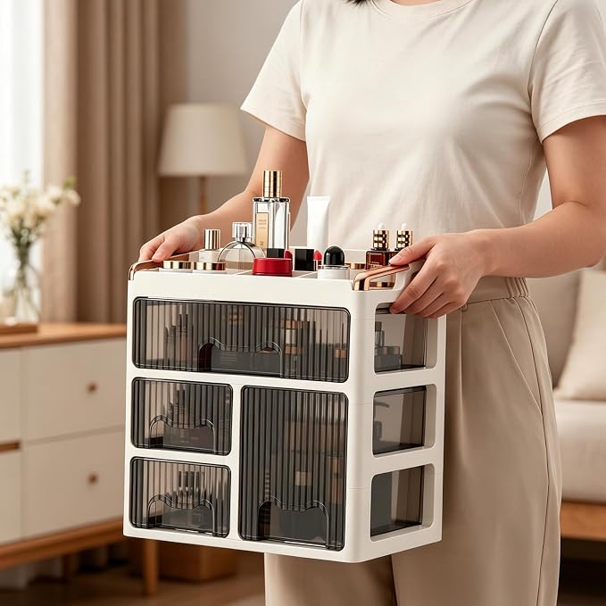 GearFusion Cosmetic Organizer, Makeup Storage Box with Drawers for Vanity, Plastic Beauty Countertop Cabinet with Clear Doors, Skincare, Perfume, Lipstick, Brush Holder for Dresser, Bathroom, Bedroom