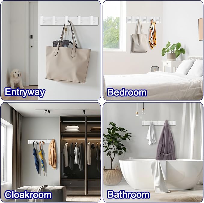 Bntuk Coat Rack Wall Mount - 5 Hat and Coat Hooks, Heavy Duty Towel Racks for Bathroom Entryway, Wall Hooks for Hanging Robes Bags, Hat Rack Key Hanger Organizer (White)