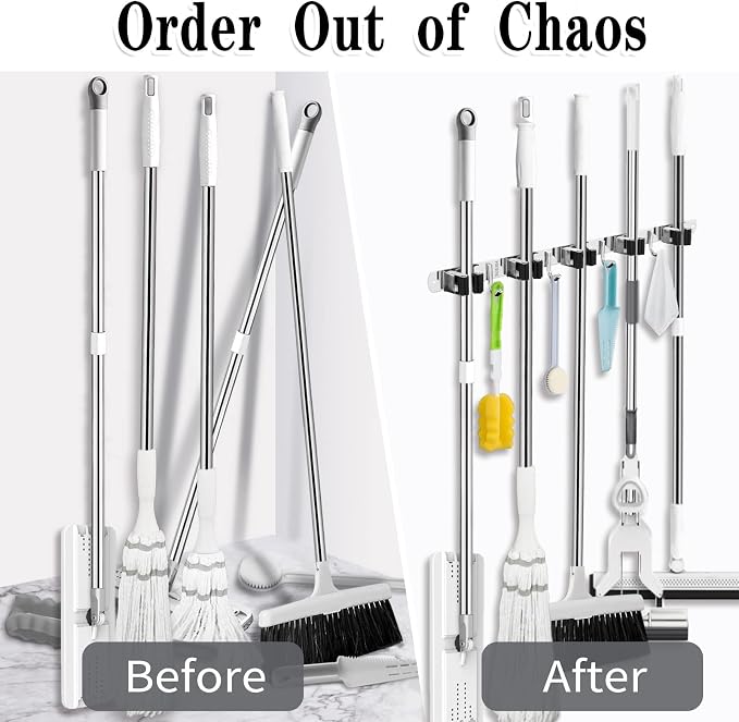 AceMining Broom Holder Wall Mount, 5 Racks 4 Hooks Heavy Duty Mop Organizer | Mop Holder Wall Mount and Broom Hanger for Garage, Laundry Room, Kitchen and Utility Storage